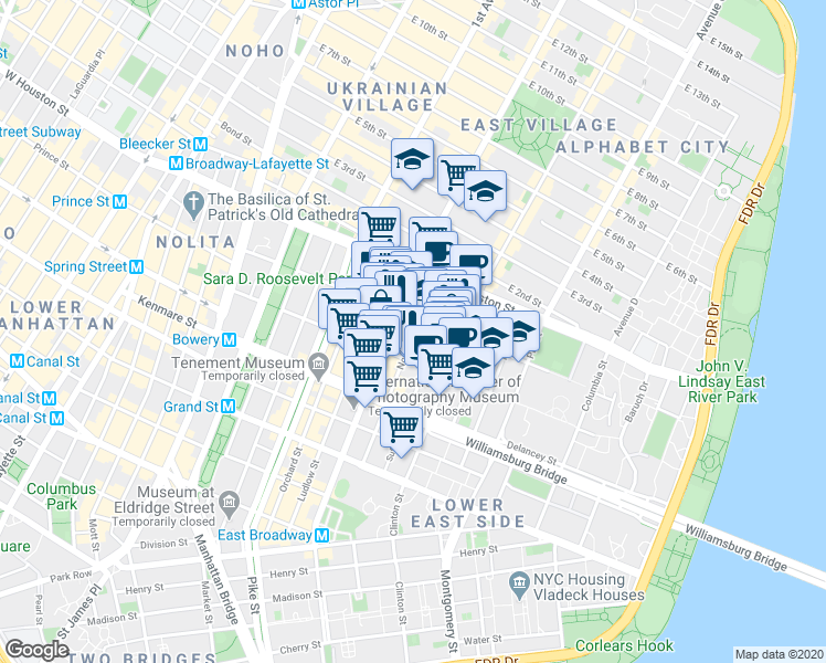 map of restaurants, bars, coffee shops, grocery stores, and more near 138 Stanton Street in New York