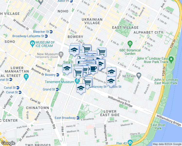 map of restaurants, bars, coffee shops, grocery stores, and more near 113 Rivington Street in New York