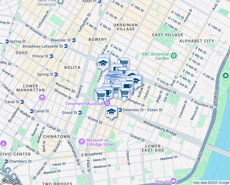 map of restaurants, bars, coffee shops, grocery stores, and more near 143 Ludlow Street in New York