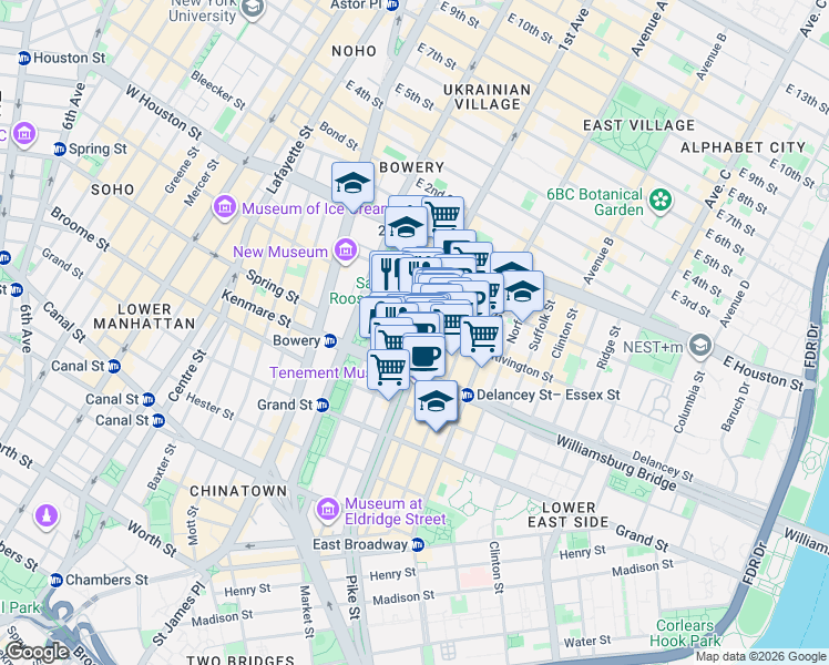 map of restaurants, bars, coffee shops, grocery stores, and more near 184 Eldridge Street in New York