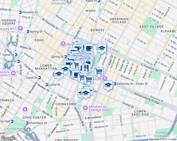 map of restaurants, bars, coffee shops, grocery stores, and more near 5 Rivington Street in New York