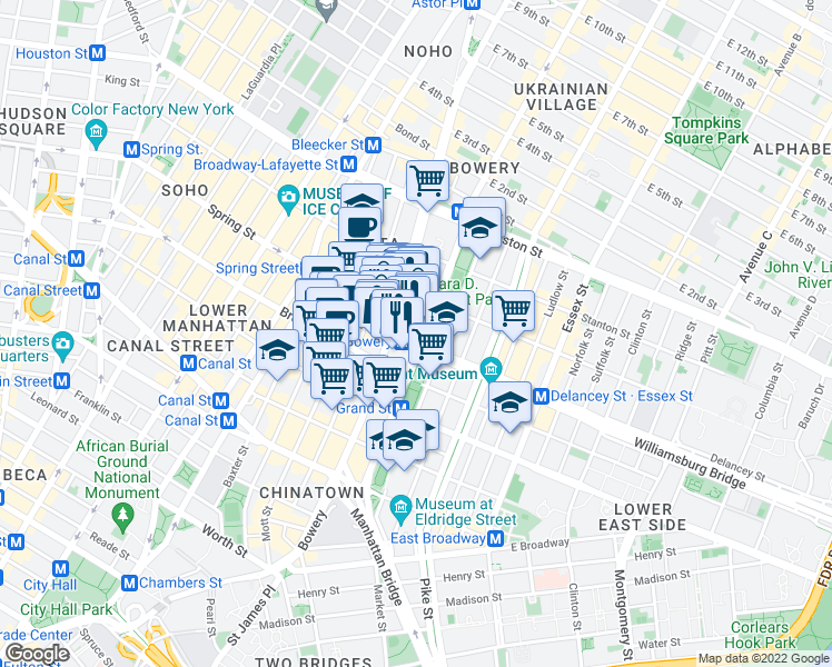 map of restaurants, bars, coffee shops, grocery stores, and more near 5 Rivington Street in New York
