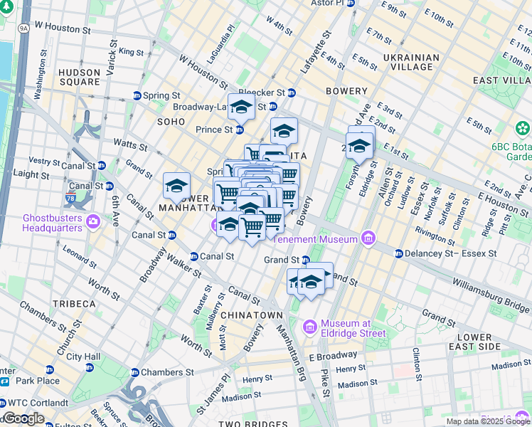 map of restaurants, bars, coffee shops, grocery stores, and more near 384 Broome Street in New York