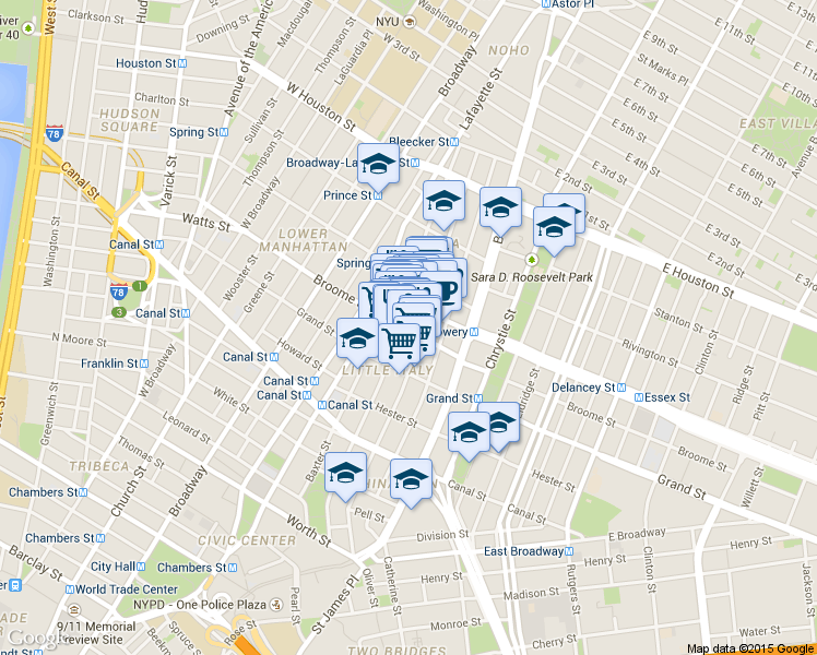 map of restaurants, bars, coffee shops, grocery stores, and more near 384 Broome Street in New York