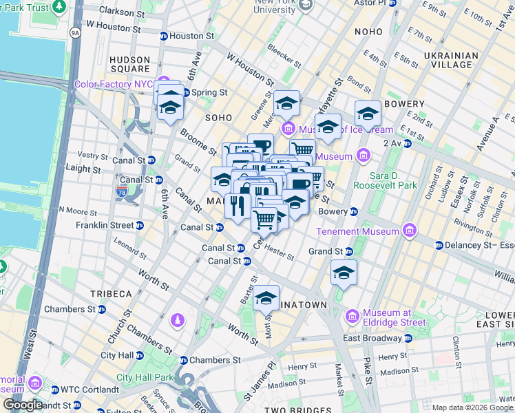 map of restaurants, bars, coffee shops, grocery stores, and more near 138 Grand Street in New York