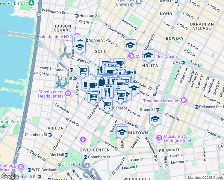 map of restaurants, bars, coffee shops, grocery stores, and more near in New York