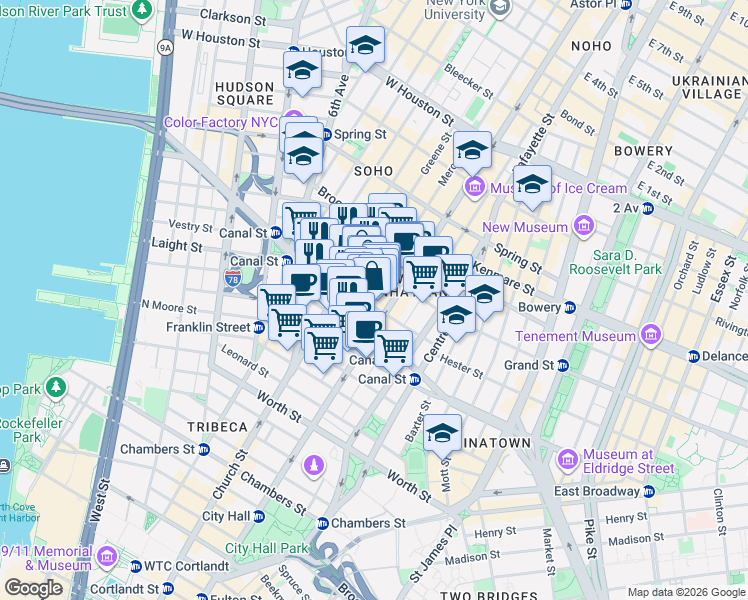 map of restaurants, bars, coffee shops, grocery stores, and more near 7 Mercer Street in New York