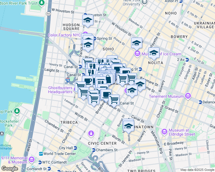 map of restaurants, bars, coffee shops, grocery stores, and more near 7 Mercer Street in New York
