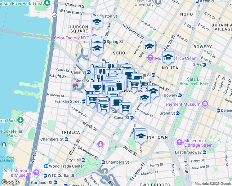 map of restaurants, bars, coffee shops, grocery stores, and more near 7 Mercer Street in New York