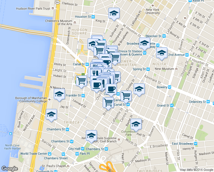 map of restaurants, bars, coffee shops, grocery stores, and more near in New York