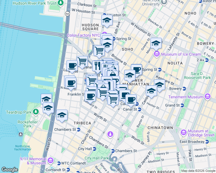 map of restaurants, bars, coffee shops, grocery stores, and more near 47 6th Avenue in New York
