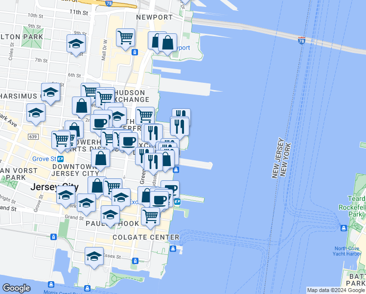 map of restaurants, bars, coffee shops, grocery stores, and more near 3 2nd Street in Jersey City