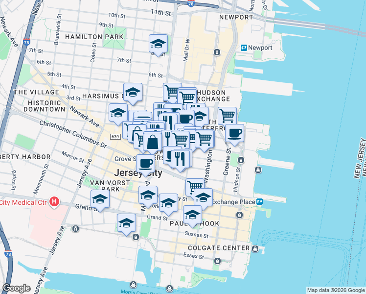map of restaurants, bars, coffee shops, grocery stores, and more near 124 Bay Street in Jersey City