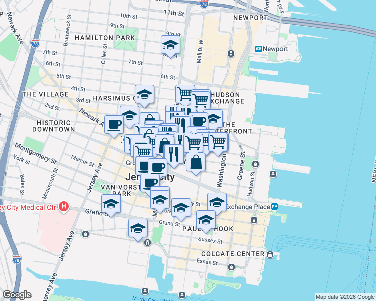 map of restaurants, bars, coffee shops, grocery stores, and more near 133 Morgan Street in Jersey City