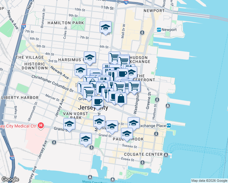 map of restaurants, bars, coffee shops, grocery stores, and more near 133 Morgan Street in Jersey City