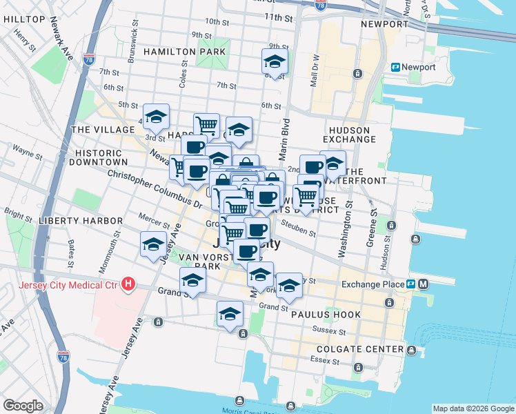 map of restaurants, bars, coffee shops, grocery stores, and more near 341 Grove Street in Jersey City