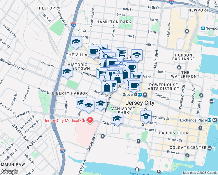 map of restaurants, bars, coffee shops, grocery stores, and more near 116 Wayne Street in Jersey City