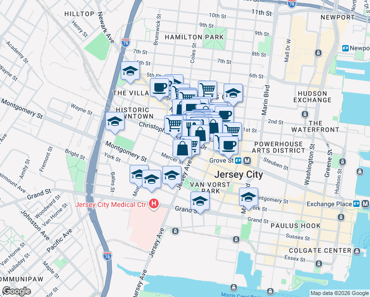 map of restaurants, bars, coffee shops, grocery stores, and more near 116 Wayne Street in Jersey City