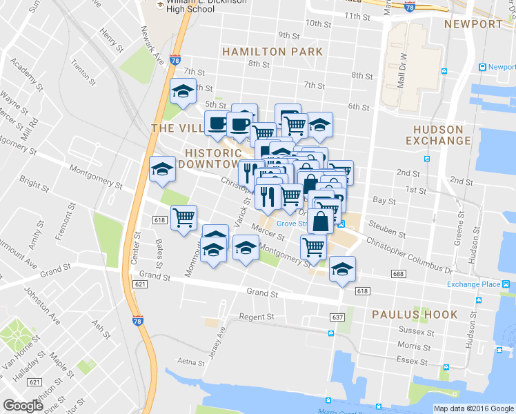 map of restaurants, bars, coffee shops, grocery stores, and more near 116 Wayne Street in Jersey City