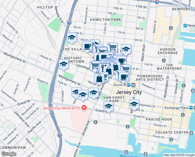 map of restaurants, bars, coffee shops, grocery stores, and more near 116 Wayne Street in Jersey City