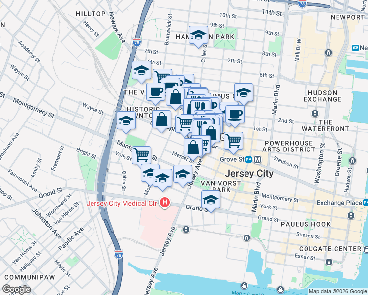 map of restaurants, bars, coffee shops, grocery stores, and more near 153-139 Wayne Street in Jersey City