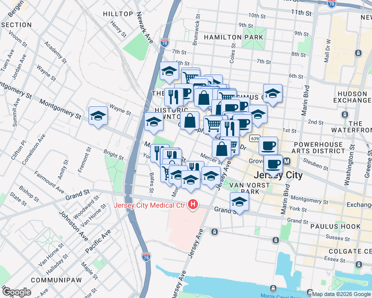 map of restaurants, bars, coffee shops, grocery stores, and more near 329a Monmouth Street in Jersey City