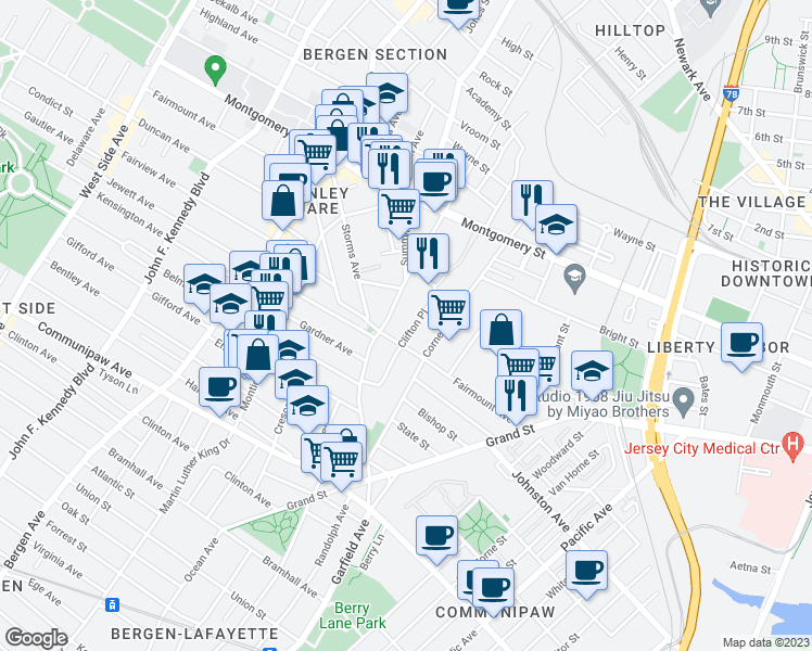 map of restaurants, bars, coffee shops, grocery stores, and more near 75A Clifton Place in Jersey City