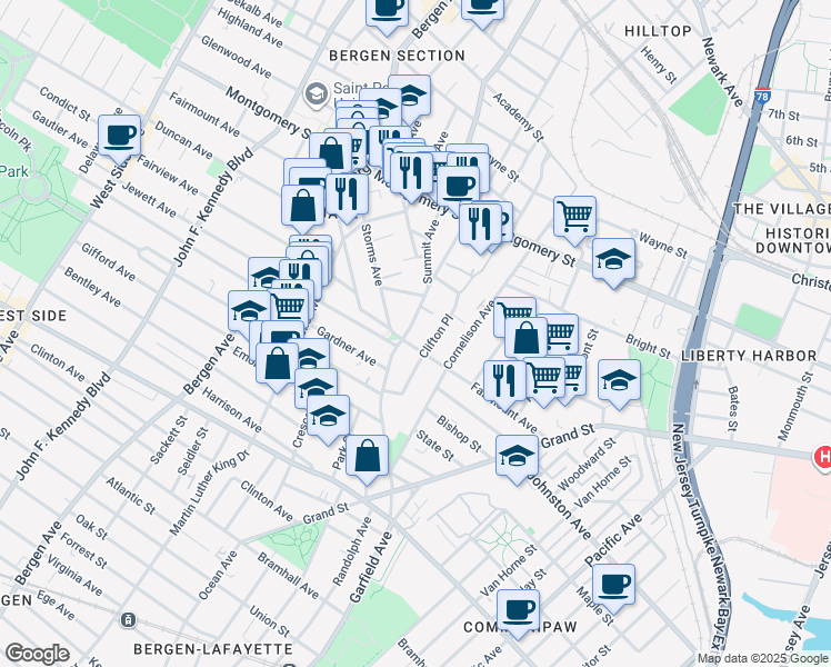 map of restaurants, bars, coffee shops, grocery stores, and more near 75A Clifton Place in Jersey City