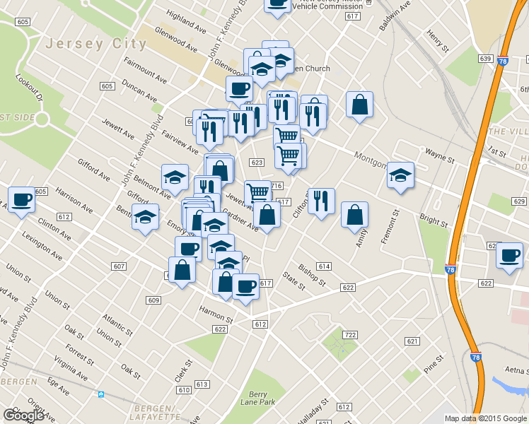map of restaurants, bars, coffee shops, grocery stores, and more near 158 Fairmount Avenue in Jersey City