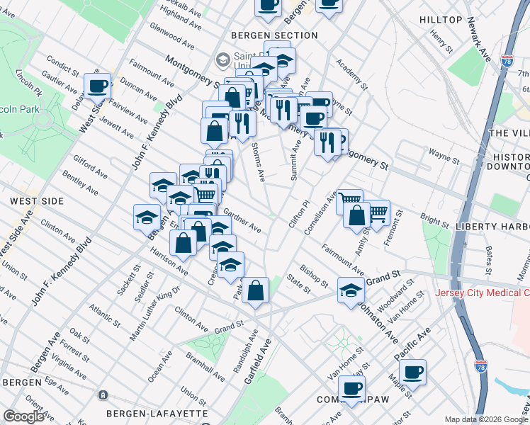 map of restaurants, bars, coffee shops, grocery stores, and more near 158 Fairmount Avenue in Jersey City