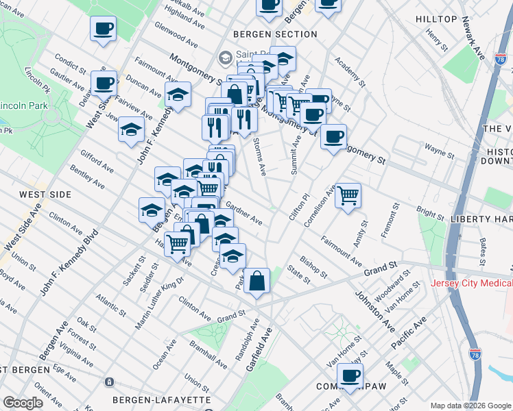 map of restaurants, bars, coffee shops, grocery stores, and more near 35 Jewett Avenue in Jersey City
