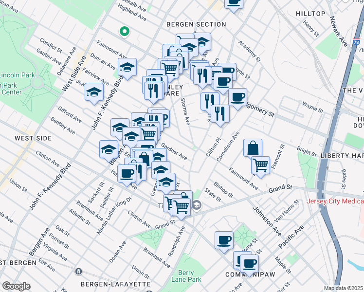 map of restaurants, bars, coffee shops, grocery stores, and more near 35 Jewett Avenue in Jersey City