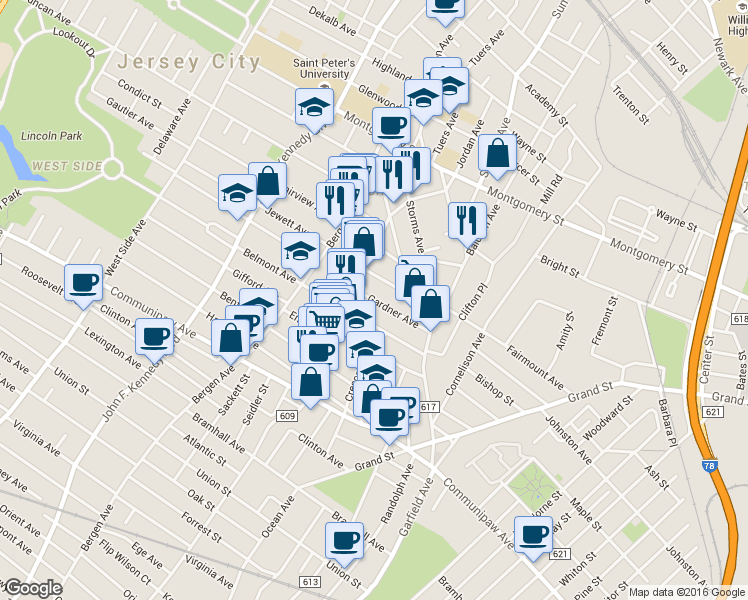 map of restaurants, bars, coffee shops, grocery stores, and more near 73 Gardner Avenue in Jersey City
