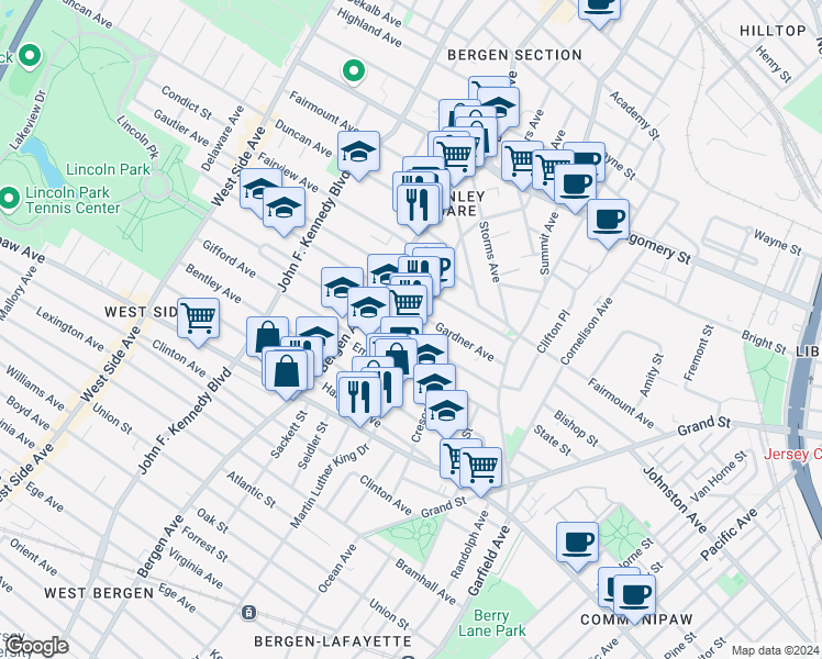 map of restaurants, bars, coffee shops, grocery stores, and more near 100 Belmont Avenue in Jersey City