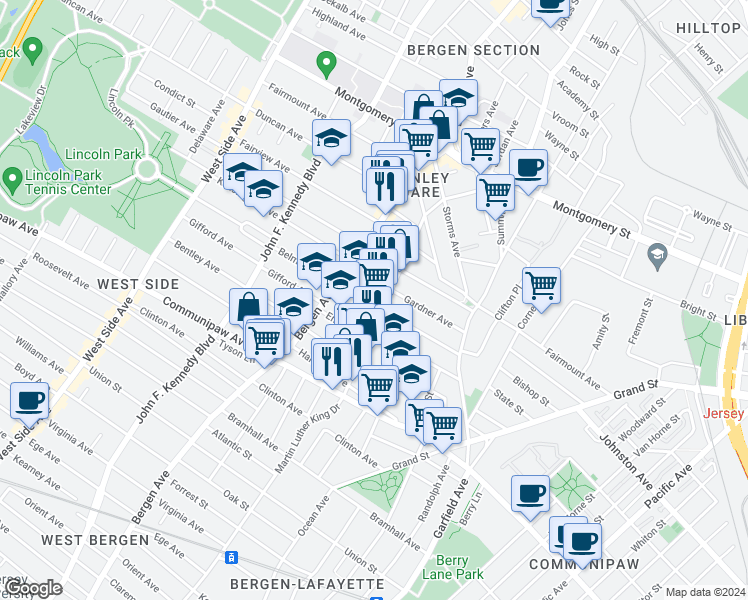 map of restaurants, bars, coffee shops, grocery stores, and more near 100 Belmont Avenue in Jersey City
