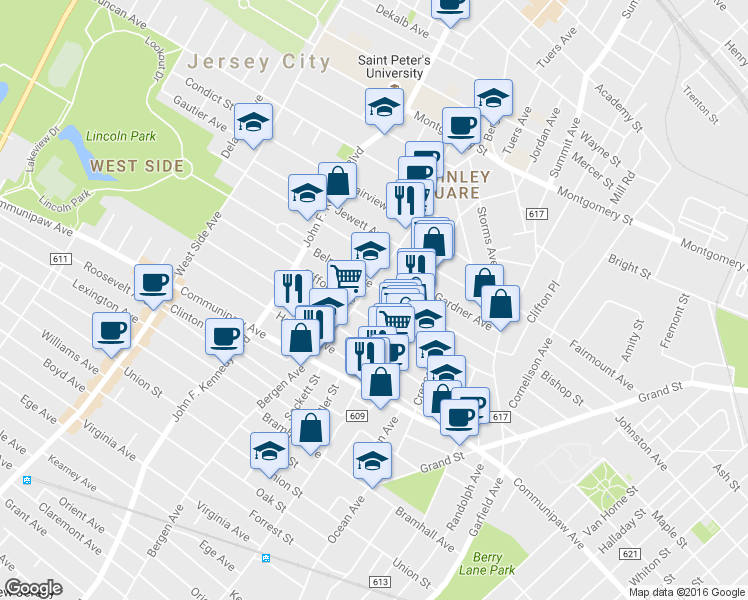 map of restaurants, bars, coffee shops, grocery stores, and more near 590 Bergen Avenue in Jersey City