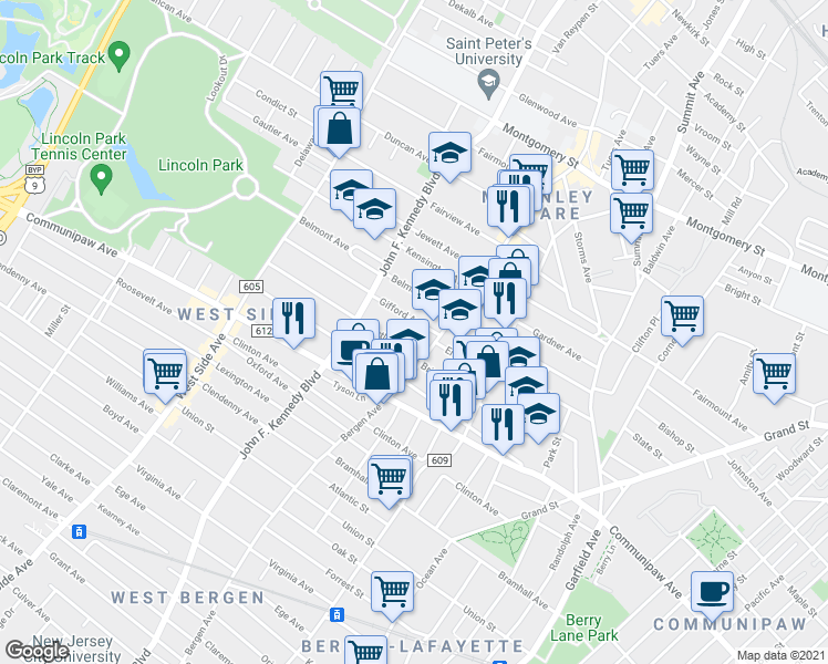map of restaurants, bars, coffee shops, grocery stores, and more near 17 Gifford Avenue in Jersey City