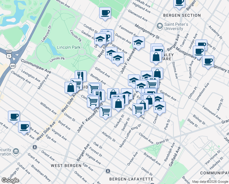 map of restaurants, bars, coffee shops, grocery stores, and more near 47 Bentley Avenue in Jersey City