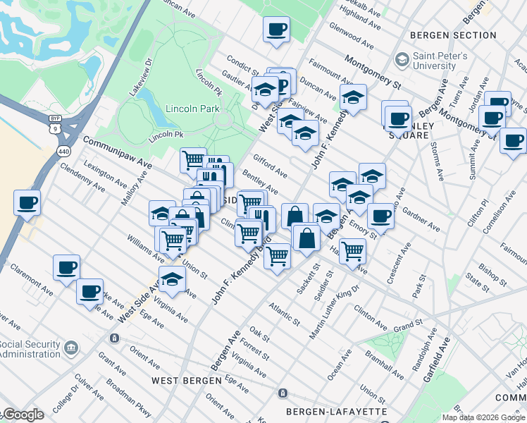 map of restaurants, bars, coffee shops, grocery stores, and more near 245 Harrison Avenue in Jersey City