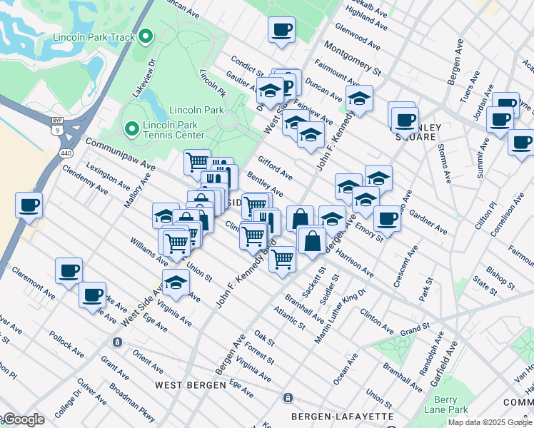 map of restaurants, bars, coffee shops, grocery stores, and more near 245 Harrison Avenue in Jersey City