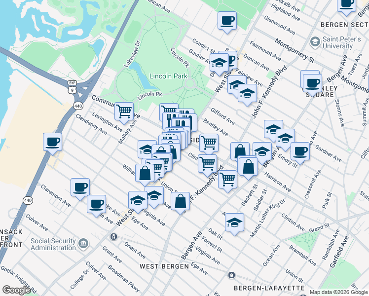 map of restaurants, bars, coffee shops, grocery stores, and more near in Jersey City