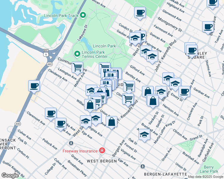 map of restaurants, bars, coffee shops, grocery stores, and more near in Jersey City