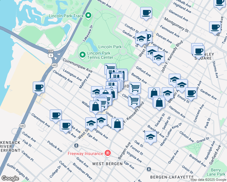 map of restaurants, bars, coffee shops, grocery stores, and more near in Jersey City