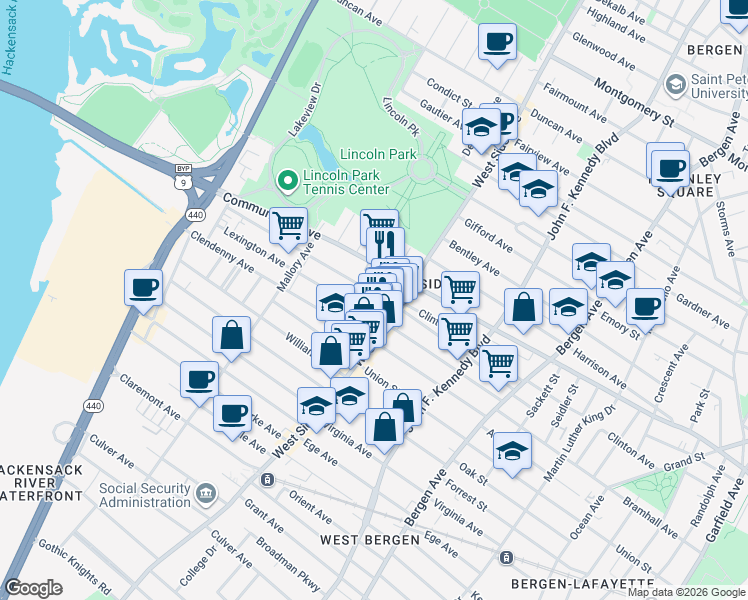 map of restaurants, bars, coffee shops, grocery stores, and more near 37 Roosevelt Avenue in Jersey City