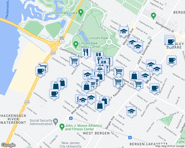 map of restaurants, bars, coffee shops, grocery stores, and more near 37 Roosevelt Avenue in Jersey City