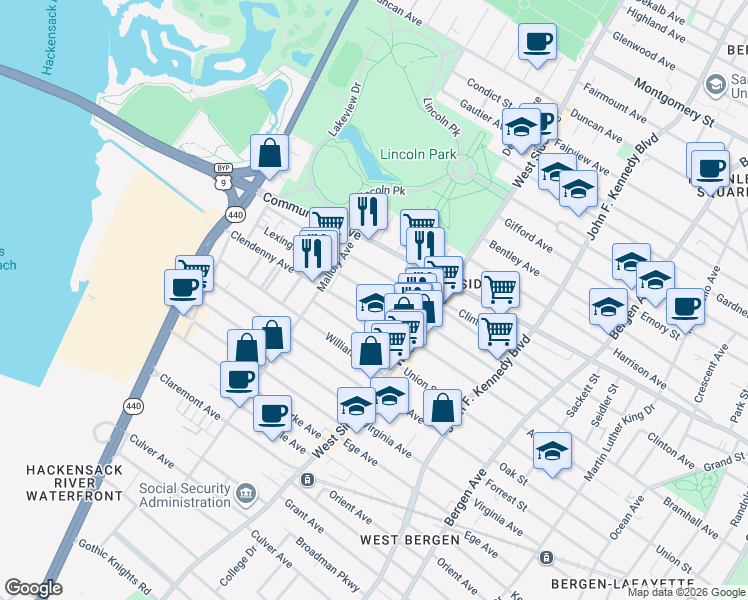 map of restaurants, bars, coffee shops, grocery stores, and more near 189 Lexington Avenue in Jersey City