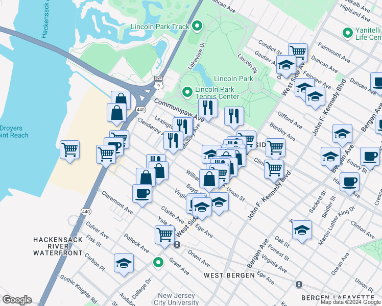 map of restaurants, bars, coffee shops, grocery stores, and more near 238 Clendenny Avenue in Jersey City