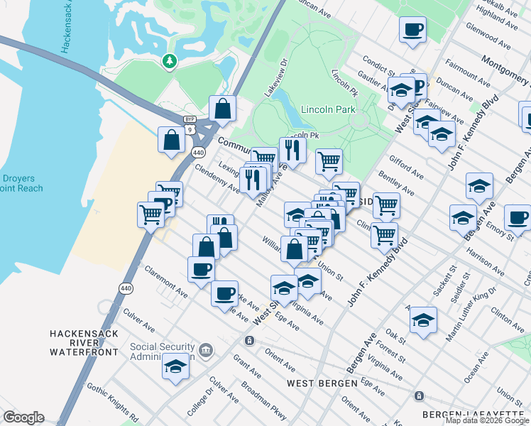 map of restaurants, bars, coffee shops, grocery stores, and more near 238 Clendenny Avenue in Jersey City