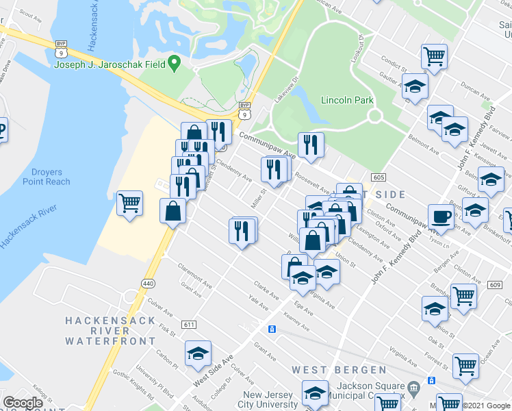 map of restaurants, bars, coffee shops, grocery stores, and more near 12 Miller Street in Jersey City