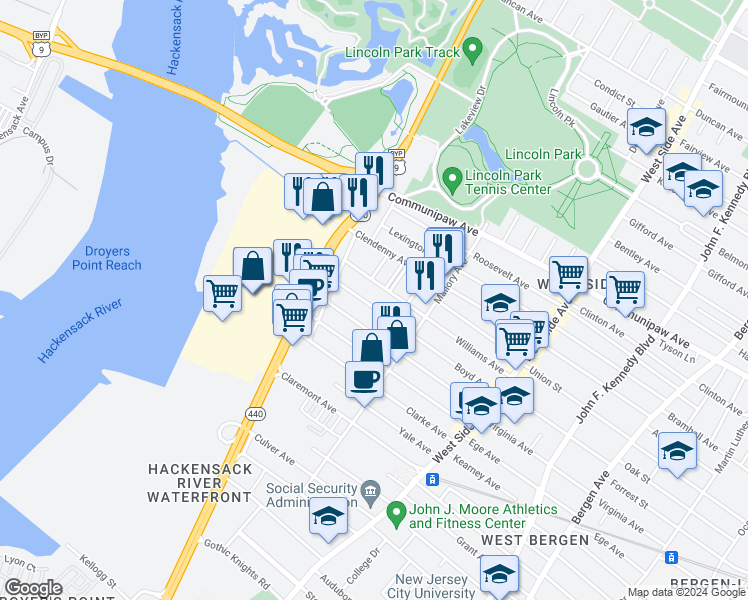 map of restaurants, bars, coffee shops, grocery stores, and more near 131 Williams Avenue in Jersey City